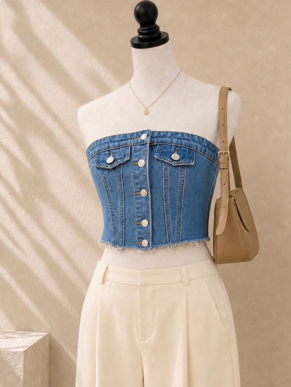 Edikted Blue Denim Strapless Corset Crop Top XS